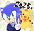 Size: 2048x1866 | Tagged: safe, artist:asune_snare, sonic the hedgehog, 2025, duo, food, fruit, grin, japanese clothes, looking at viewer, orange (fruit), pikachu, pokemon, smile, v sign