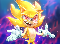 Size: 900x668 | Tagged: safe, artist:skeleion, sonic the hedgehog, 2019, abstract background, fangs, fleetway, fleetway super sonic, mouth open, open smile, shrugging, smile, solo, sparkles, standing, super form, torn gloves