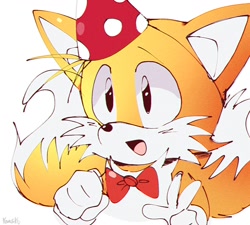 Size: 1378x1238 | Tagged: safe, artist:koasku, miles "tails" prower, 2022, bowtie, classic tails, clenched fist, cute, hat, looking offscreen, mouth open, open smile, party hat, simple background, smile, solo, tailabetes, v sign, white background