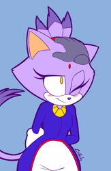 Size: 1248x1920 | Tagged: safe, artist:biffoboi, blaze the cat, 2017, blue background, blushing, disembodied hand, flat colors, hand behind back, hand on arm, headpats, one eye closed, simple background, smile, solo, standing