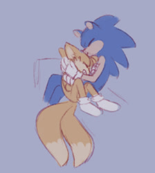 Size: 1197x1334 | Tagged: safe, artist:raffi-cat, miles "tails" prower, sonic the hedgehog, 2025, cuddling, cute, duo, eyes closed, flat colors, grey background, shoes off, simple background, sitting, smile, socks