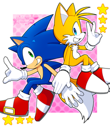 Size: 1767x2048 | Tagged: safe, artist:fredsters-world, miles "tails" prower, sonic the hedgehog, 2025, back to back, clenched teeth, duo, looking at viewer, outline, pointing, side view, smile, smiling at viewer, star (symbol), v sign
