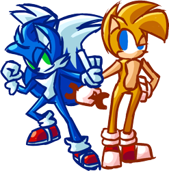 Size: 680x689 | Tagged: safe, artist:zohaku, miles "tails" prower, sonic the hedgehog, fox, hedgehog, 2015, duo, hand on hip, holding something, looking at viewer, no pupils, pointing, simple background, species swap, standing, transparent background, two tails, wrench