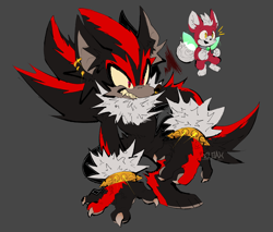 Size: 2104x1792 | Tagged: safe, artist:eloaholiveira, chip, shadow the hedgehog, sonic unleashed, 2023, claws, clenched teeth, duo, ear piercing, earring, fangs, flapping wings, flying, frown, fur markings, grey background, hand on ground, looking offscreen, messy fur, mid-air, sharp teeth, signature, simple background, smile, spiked bracelet, were form, werehog