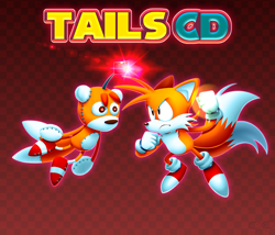 Size: 2748x2348 | Tagged: safe, artist:endyrendy, miles "tails" prower, tails doll, sonic cd, 2024, agender, checkered background, classic tails, duo, frown, looking at each other, male, punching