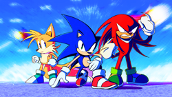 Size: 4224x2376 | Tagged: safe, artist:endyrendy, knuckles the echidna, miles "tails" prower, sonic the hedgehog, sonic heroes, 2025, abstract background, alternate outfit, alternate shoes, blue shoes, clenched fists, clenched teeth, daytime, egg fleet, frown, hand on ground, looking at viewer, looking offscreen, outdoors, redraw, standing, team sonic, trio
