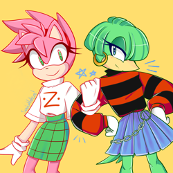 Size: 1600x1600 | Tagged: safe, artist:saikonohero, amy rose, tekno the canary, 2020, duo, fleetway, fleetway amy, linking arms, looking at viewer, simple background, smile, smiling at viewer, standing, star (symbol), yellow background