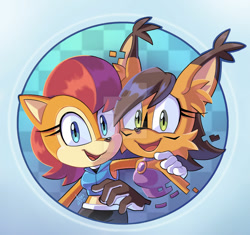 Size: 1280x1205 | Tagged: safe, artist:angiethecat, nicole the hololynx, sally acorn, 2024, arm around shoulders, deviantart watermark, digital static, duo, ear fluff, gradient background, icon, looking at viewer, mouth open, obtrusive watermark, open smile, smile, smiling at viewer, watermark