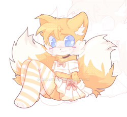 Size: 1280x1180 | Tagged: safe, artist:mallowzee, miles "tails" prower, 2026, alternate outfit, blushing, bow, choker, crop top, crossdressing, cute, ear fluff, eyestrain, femboy, frown, gloves, looking at viewer, midriff, sitting, skirt, solo, stockings, tailabetes
