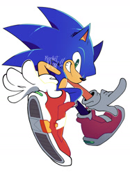 Size: 1280x1707 | Tagged: safe, artist:rocketdo_g, sonic the hedgehog, 2023, alternate outfit, alternate shoes, looking at viewer, pointing, posing, signature, simple background, smile, smiling at viewer, solo, treads, white background