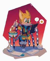 Size: 3519x4324 | Tagged: safe, artist:lanzo000, miles "tails" prower, nine, sonic prime, 2024, bowl, ear fluff, food, fork, holding something, looking at something, meatball, paper, signature, smile, solo, spaghetti, speech bubble, tablet