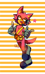 Size: 1738x2849 | Tagged: safe, artist:roox747, gadget the wolf, sonic forces, 2020, abstract background, fangs, lidded eyes, looking up, mouth open, open smile, pointing, signature, smile, solo, standing, standing on one leg, star (symbol), striped background