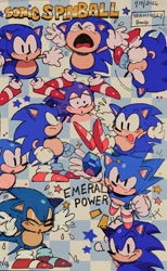 Size: 600x976 | Tagged: safe, artist:seaminglygood, sonic the hedgehog, sonic spinball, 2026, :o, chaos emerald, checkered background, classic sonic, death, english text, falling, frown, holding something, mouth open, redraw, shaking, smile, solo, spin jump, standing, star (symbol), sweatdrop, text