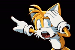 Size: 2048x1365 | Tagged: safe, artist:thatbirdguy_, miles "tails" prower, 2026, black background, hand on head, looking at viewer, mouth open, shocked, shrunken pupils, simple background, solo, standing