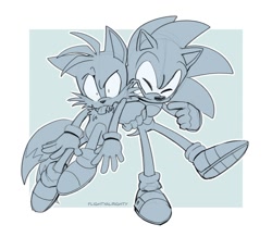 Size: 1500x1305 | Tagged: safe, artist:flightyalrighty, miles "tails" prower, sonic the hedgehog, 2026, arm around shoulders, choking, duo, eyes closed, monochrome, outline, shrunken pupils, signature, smile, tongue out