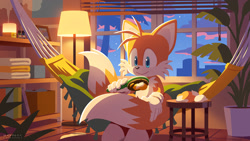 Size: 1440x810 | Tagged: safe, artist:yui karasuno, sonic twitter, miles "tails" prower, 2025, blinds, book, bookshelf, brush, brushing, clouds, hammock, indoors, lamp, lineless, looking at something, official artwork, plant, plant pot, sitting, smile, solo, towel, window