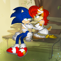Size: 3894x3894 | Tagged: safe, artist:nerdy-boi-mochi-1998, sally acorn, sonic the hedgehog, chipmunk, hedgehog, sonic the hedgehog (2006), 2024, bench, daytime, duo, female, male, princess elise (cosplay), sally x sonic, shipping, sitting, straight, tears, under a tree, wound