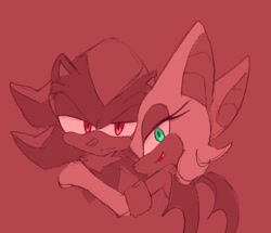 Size: 1024x880 | Tagged: safe, artist:asune_snare, rouge the bat, shadow the hedgehog, 2025, duo, lidded eyes, looking at viewer, monochrome, red background, simple background, smile, spot color