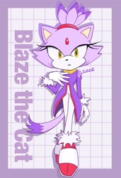 Size: 1404x2048 | Tagged: safe, artist:asune_snare, blaze the cat, 2025, border, character name, looking at viewer, signature, simple background, solo, standing, white background