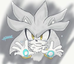 Size: 747x643 | Tagged: safe, artist:asune_snare, silver the hedgehog, 2025, hands up, signature, simple background, solo, tears