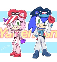 Size: 800x877 | Tagged: safe, artist:asune_snare, amy rose, sonic the hedgehog, 2025, cosplay, duo, hat, looking at viewer, mouth open, simple background, smile, standing, white background, yatterman