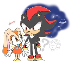 Size: 1130x978 | Tagged: safe, artist:asune_snare, cream the rabbit, shadow the hedgehog, 2025, duo, hand on another's arm, holding another's arm, looking at each other, looking at them, question mark, simple background, standing, white background