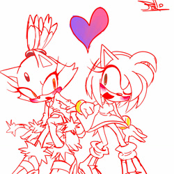 Size: 1280x1280 | Tagged: safe, artist:rollopola, amy rose, blaze the cat, 2026, amy x blaze, asexual, biromantic, blushing, duo, headcanon, heart, lesbian, line art, linking arms, monochrome, shipping, signature, simple background, sketch, smile, spot color, white background