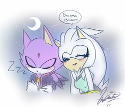 Size: 2300x2000 | Tagged: safe, artist:crystaitzel, blaze the cat, silver the hedgehog, 2018, arms folded, blushing, clothes, crescent moon, dialogue, duo, english text, eyelashes, eyes closed, gender swap, gradient background, moon, nuzzle, ponytail, r63 shipping, shipping, shooting star, silvaze, sleeping, smile, spanish text, speech bubble, star (sky), straight, text, wagging tail, zzz