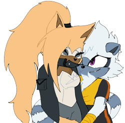 Size: 1025x1008 | Tagged: safe, artist:webbedspiders, tangle the lemur, whisper the wolf, 2020, duo, hugging, lesbian, shipping, simple background, standing, tail hug, tangle x whisper, transparent background