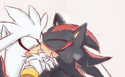 Size: 1003x622 | Tagged: suggestive, artist:resuku, shadow the hedgehog, silver the hedgehog, 2012, blushing, duo, french kiss, gay, holding them, kiss, lidded eyes, making out, saliva, shadow x silver, shipping, simple background, sloppy kissing, sweatdrop, tongue out, white background