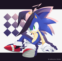 Size: 1399x1374 | Tagged: safe, artist:resuku, sonic the hedgehog, hedgehog, 2012, abstract background, halloween, halloween outfit, hat, looking offscreen, male, mouth hold, sitting, solo, witch hat