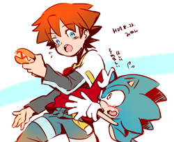 Size: 800x653 | Tagged: safe, artist:krsnprpr, chris thorndyke, sonic the hedgehog, hedgehog, human, 2015, blushing, chili dog, classic sonic, duo, eyebrow clipping through hair, food, japanese text, looking at each other, male, standing, sweatdrop, text