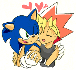 Size: 640x595 | Tagged: safe, artist:raz0623, sonic the hedgehog, hedgehog, human, 2012, bust, crossover, duo, eyebrow clipping through hair, eyes closed, heart, hugging, male, mouth open, open smile, side hug, simple background, smile, white background, yu-gi-oh!, yugi mutou