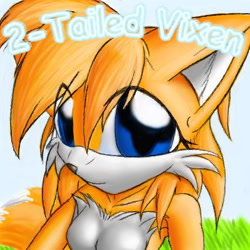 Size: 400x400 | Tagged: safe, artist:2-tailed-vixen, miles "tails" prower, oc, oc:melissa prower, fox, 2005, breasts, english text, eye clipping through hair, featureless breasts, female, gender swap, grass, icon, looking at viewer, smile, smiling at viewer, solo, text