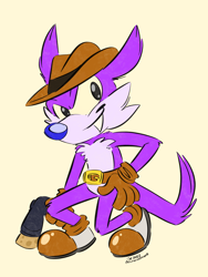 Size: 1536x2048 | Tagged: safe, artist:unoraccoon, nack the weasel, weasel, 2022, flat colors, holding something, looking at viewer, one fang, signature, simple background, smile, solo