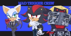 Size: 2048x1054 | Tagged: safe, artist:asune_snare, e-123 omega, rouge the bat, shadow the hedgehog, 2025, blue background, cosplay, english text, glasses, hypnosis mic, simple background, standing, suit, team dark, trio