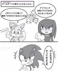 Size: 1672x2048 | Tagged: safe, artist:asune_snare, e-123 omega, knuckles the echidna, miles "tails" prower, rouge the bat, shadow the hedgehog, sonic the hedgehog, 2025, comic, greyscale, holding something, japanese text, monochrome, simple background, smile, speech bubble, team dark, team sonic, trio, white background