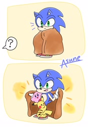 Size: 1432x2048 | Tagged: safe, artist:asune_snare, sonic the hedgehog, 2025, crossover, holding something, kirby, pikachu, pokemon, simple background, smile, standing, trio