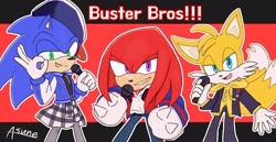 Size: 2048x1054 | Tagged: safe, artist:asune_snare, knuckles the echidna, miles "tails" prower, sonic the hedgehog, 2025, clothes, cosplay, english text, holding something, hypnosis mic, lidded eyes, looking at viewer, male, microphone, mouth open, open smile, outline, smile, smiling at viewer, standing, team sonic, tongue out, trio, trio male, white outline