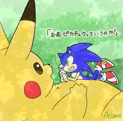 Size: 1182x1152 | Tagged: safe, artist:asune_snare, sonic the hedgehog, 2024, crossover, duo, head rest, japanese text, looking at each other, looking at them, lying down, lying on them, mouth open, pikachu, pokemon, size difference, smile