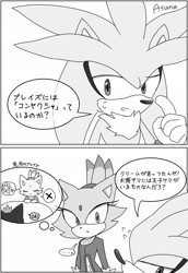 Size: 1406x2048 | Tagged: safe, artist:asune_snare, blaze the cat, silver the hedgehog, 2024, comic, duo, greyscale, heart, japanese text, lidded eyes, looking at them, monochrome, shipping, silvaze, simple background, speech bubble, straight, thought bubble, white background