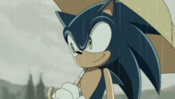 Size: 1280x720 | Tagged: safe, artist:cham__623, sonic the hedgehog, sonic x, 2025, animated, eyes closed, grin, holding something, rain, smile, solo, sonic x style, style emulation, umbrella, webm