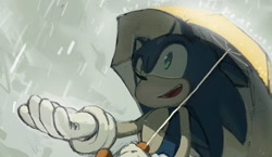 Size: 1024x595 | Tagged: safe, artist:cham__623, sonic the hedgehog, 2022, holding something, mouth open, rain, smile, solo, umbrella