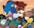 Size: 2400x1952 | Tagged: safe, artist:kitarehamakura, sally acorn, sonic the hedgehog, chipmunk, hedgehog, 2020, duo, evening, female, fistbump, holding something, idw style, male, robot, sally x sonic, straight, style emulation, sword, weapon
