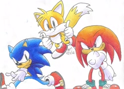 Size: 2863x2045 | Tagged: safe, artist:gruffdasmuff, knuckles the echidna, miles "tails" prower, sonic the hedgehog, sonic heroes, 2024, double thumbs up, flying, looking at viewer, mid-air, pointing, posing, redraw, signature, simple background, smile, smiling at viewer, standing, team sonic, thumbs up, traditional media, trio, victory pose, white background