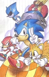 Size: 1630x2564 | Tagged: safe, artist:gruffdasmuff, knuckles the echidna, metal sonic, miles "tails" prower, robotnik, sonic the hedgehog, human, sonic r, 2024, black sclera, classic knuckles, classic metal sonic, classic robotnik, classic sonic, classic tails, eggmobile, flying, group, looking at viewer, looking offscreen, mid-air, robot, running, signature, simple background, smile, spinning tails, traditional media
