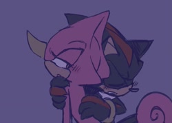 Size: 1215x871 | Tagged: suggestive, artist:aleespace-art, espio the chameleon, shadow the hedgehog, 2026, blushing, duo, eyes closed, flat colors, gay, gloves off, holding them, lidded eyes, mouth open, purple background, shadpio, shipping, simple background