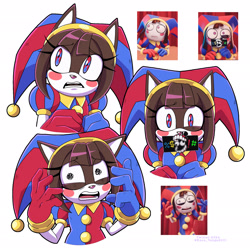 Size: 2048x2048 | Tagged: safe, artist:kanayanga, hedgehog, 2024, barely sonic related, censor bar, eye clipping through hair, eyebrow clipping through hair, frown, looking at viewer, looking offscreen, mobianified, pomni (the amazing digital circus), redraw, reference inset, simple background, solo, the amazing digital circus, white background