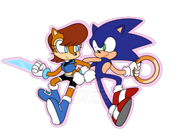 Size: 3866x3024 | Tagged: safe, artist:evillexie, sally acorn, sonic the hedgehog, chipmunk, hedgehog, 2018, blank background, duo, holding something, ring, sally x sonic, sally's ringblader outfit, shipping, straight, watermark