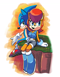 Size: 2126x2710 | Tagged: safe, artist:dredgeth, sally acorn, sonic the hedgehog, chipmunk, hedgehog, 2020, duo, sally x sonic, sally's ringblader outfit, shipping, sitting, straight, sunset